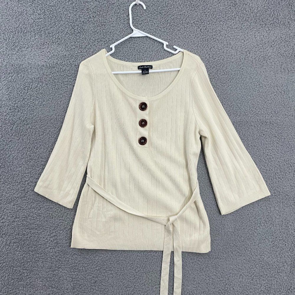 Linda Matthews Women L Cream Ribbed Belted Scoop Neck‎ Sweater NWOT